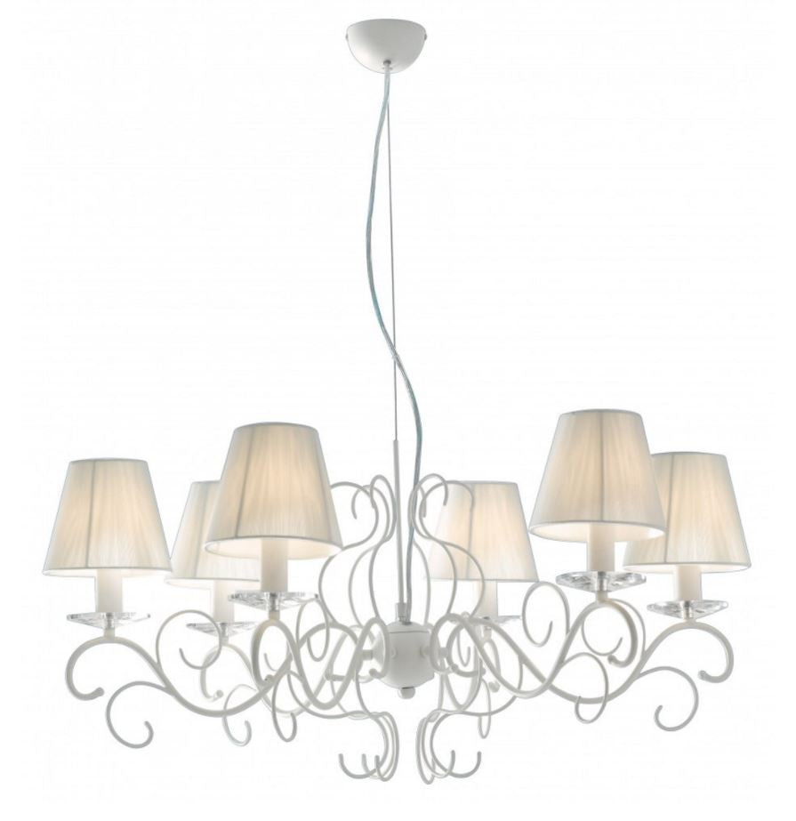 Sospensione 6 luci metallo bianco cristalli K9 paralumi lavorati bianchi 6XE14 non incl. PERLA Sospensione 6 luci metallo bianco cristalli K9 paralumi lavorati bianchi 6XE14 non incl. PERLA